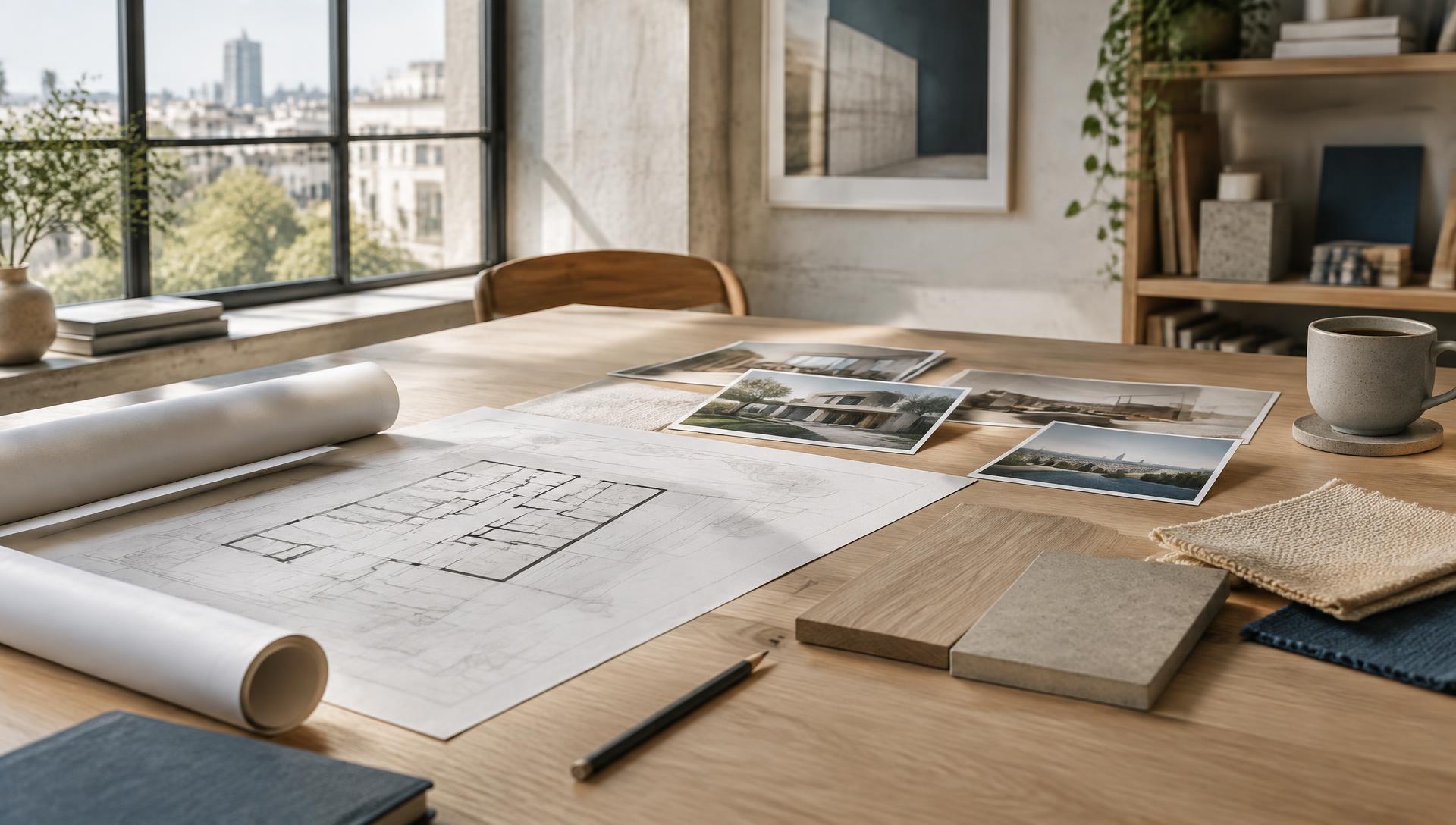 Mesa de trabajo del estudio con planos y muestras de materiales